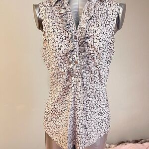 New York & Company White and Black Sleeveless Ruffle Front Blouse